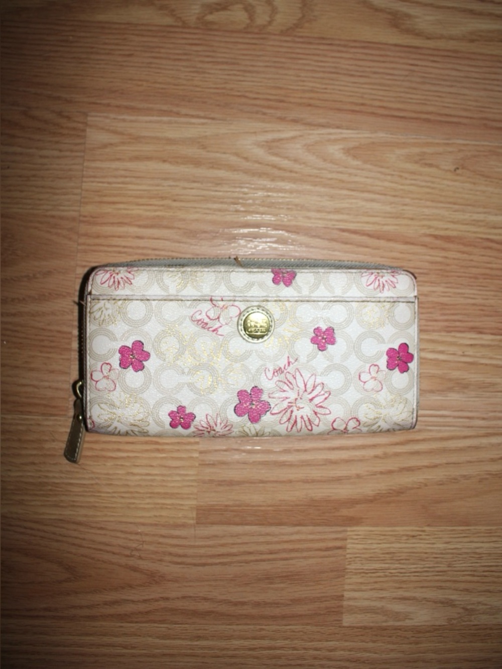Coach Floral Signature Zip Wallet in White and Pink